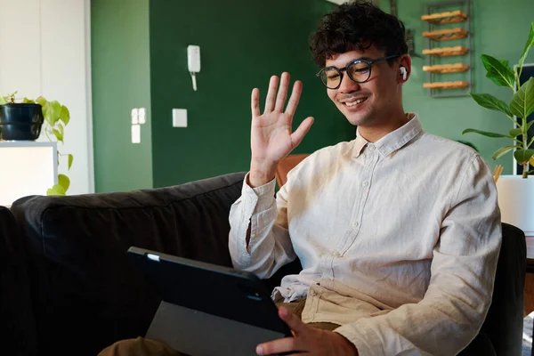 Young Multiracial Man Smiling While Using Digital Tablet Waving Video — Foto de Stock