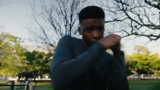在公园进行拳击训练时 身穿运动衫的年轻黑人运动员冲着空气 — 图库视频影像