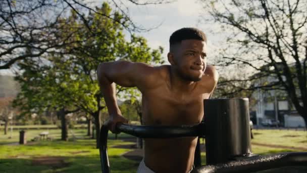 Shirtless Young Black Man Doing Negative Dips Dip Station Trees — Stock Video