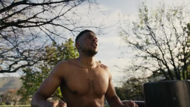 Topless Young Black Man Doing Negative Dips Dip Station Trees — Video
