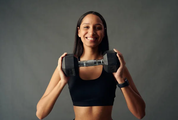 Portrait Young Biracial Woman Wearing Sports Bra Smiling While Holding — 图库照片