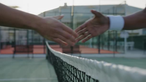 Zbliżenie Młodych Mężczyzn Odzieży Sportowej Ściskających Dłonie Nad Siatką Podczas — Wideo stockowe