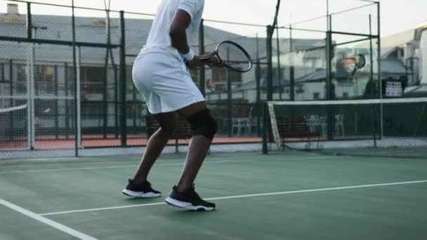Fit Young Black Man Wearing Sports Clothing Hitting Ball Tennis — ストック動画