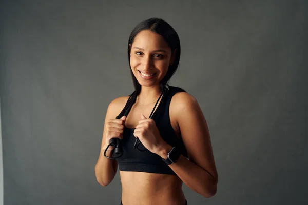 Portrait Young Biracial Woman Wearing Sports Bra Smiling While Holding — Photo