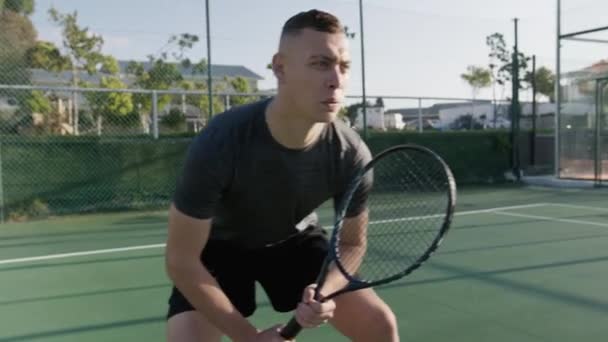 Focused Young Biracial Man Hitting Tennis Ball Tennis Racquet Tennis — Video Stock