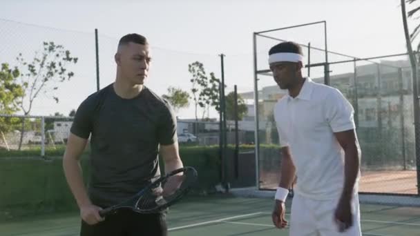Athletic Young Men Wearing Sports Clothing Learning Teaching Tennis Practice — Vídeo de Stock
