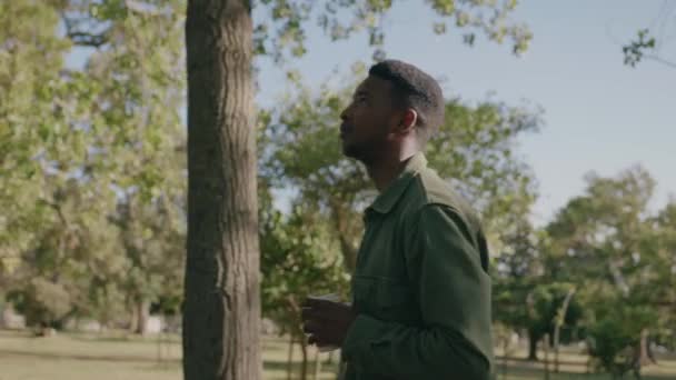 公園の木の下で使い捨てカップの中でコーヒーと一緒に歩いてシャツを着て若い黒人男性 — ストック動画