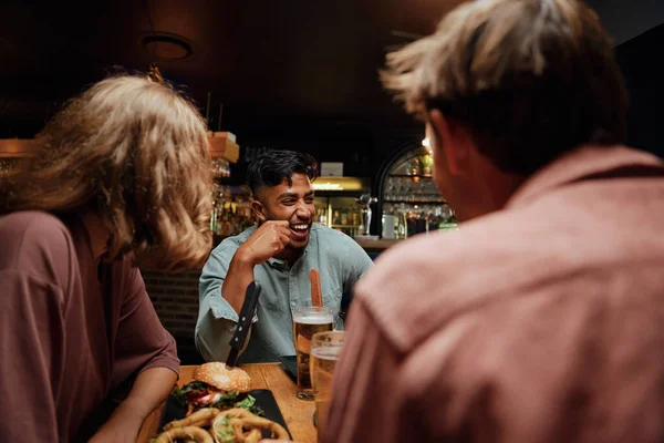 Young Multiracial Group Friends Wearing Casual Clothing Laughing Conversation Dinner — Stock Photo, Image