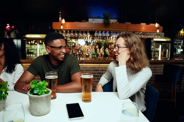 Happy Young Multiracial Group Friends Wearing Casual Clothing Laughing Drinks — Stock Photo, Image