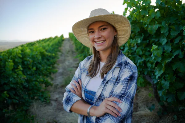 Happy Young Caucasian Woman Wearing Checked Shirt Arms Crossed Next — Stock Photo, Image