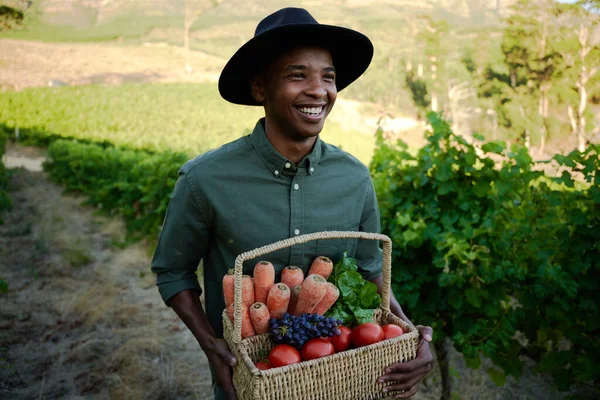 Szczęśliwy Młody Czarny Człowiek Noszenie Casual Ubrania Gospodarstwa Kosz Owocami — Zdjęcie stockowe