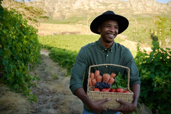 Junger Schwarzer Mann Lässiger Kleidung Lächelt Während Auf Einem Bauernhof — Stockfoto