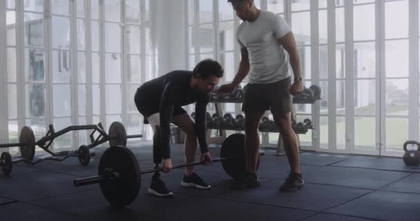Dois Jovens Multirraciais Sportswear Fazendo Musculação Com Barbell Ginásio — Vídeo de Stock