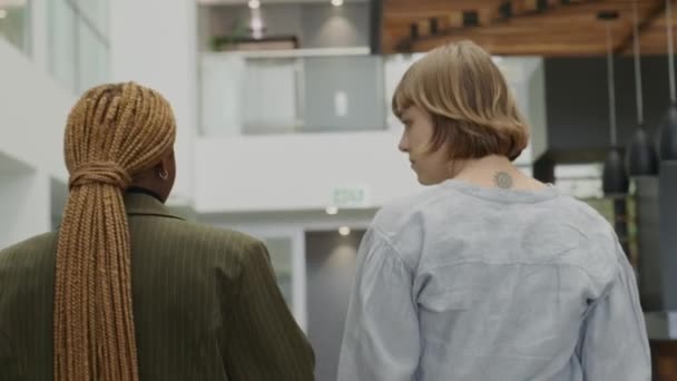 Вид Сзади Двух Молодых Многорасовых Женщин Деловой Одежде Ходящих Разговаривающих — стоковое видео