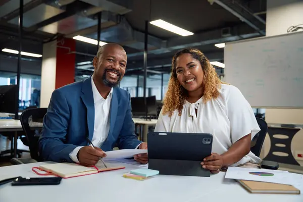 Two Happy Multiracial Colleagues Looking Camera Smiling Next Digital Tablet — Stock Photo, Image
