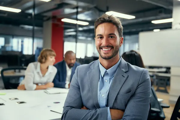 Four Happy Multiracial Adults Businesswear Smiling Arms Crossed Meeting Corporate — Stock Photo, Image