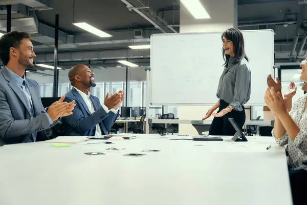 Five Happy Multiracial Business People Applauding Conference Table Corporate Office — Stockfoto