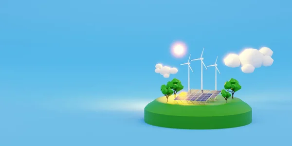ミニ太陽光パネル 風力タービンと緑の風景の3Dレンダリング ライトブルーの背景 再生可能エネルギー 地球温暖化と二酸化炭素削減コンセプト — ストック写真