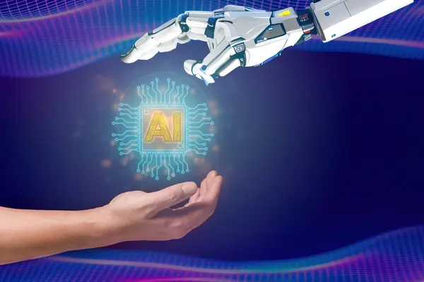 Yapay zeka teknolojisi konsepti, bir robot el ve parlayan ai yonga sembollü bir insan eli..