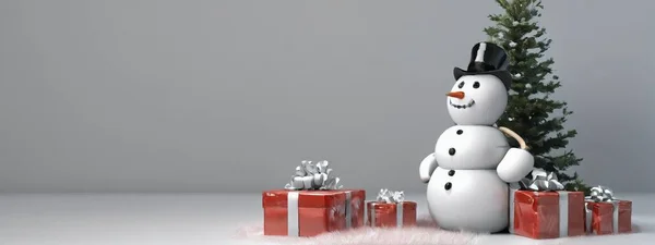 Bu fotoğraf gerçekçi bir görüntü. Üzerinde şapkası ve atkısı olan neşeli bir kardan adam paketlenmiş Noel hediyelerinin yanında duruyor. Arka planda süslü bir Noel ağacı ve parlayan ışıklar görülebilir, neşeli ve şen şakrak bir möö yaratır.
