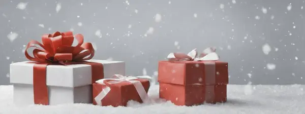 This image captures the holiday spirit with beautifully wrapped red and white gift boxes nestled in the snow. The falling snowflakes and snowy background add to the festive and winter atmosphere.