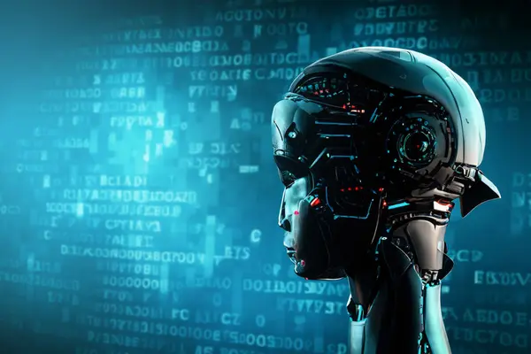 Yapay zeka ve dijital teknolojinin gelişmiş konseptini sembolize eden fütürist bir tasarıma sahip bir robot kafası. Görüntü robot ve yapay zekanın kesişimlerini gösteriyor, ikili kodların arka planına göre dizilmiş, dijital doğayı yansıtıyor.