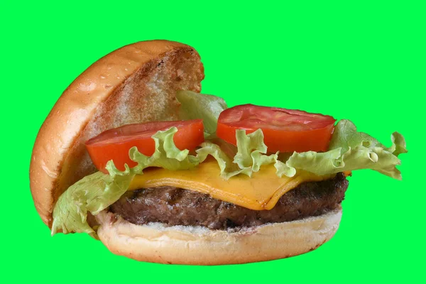 beef burger sandwich bread salad mayonnaise isolated on green background chroma key