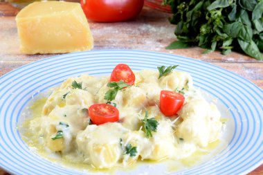 rondelli cannelloni delicious gnocchi pasta in white sauce with parmesan cheese, tomatoes, basil, herbs, healthy food of Italian and French cuisine.