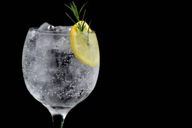alcoholic iced drink of gin and tonic vodka soda citrus fruit juice lemonade with cinnamon isolated on black background