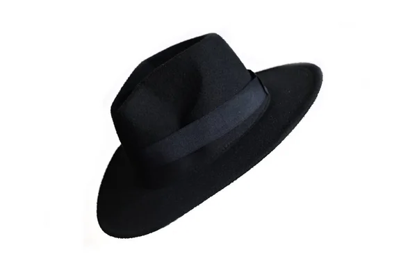 Φυσικό Μαύρο Καπέλο Τσόχινο Ευρύ Γεμιστό Καπέλο Απομονωμένο Λευκό Φόντο — Φωτογραφία Αρχείου