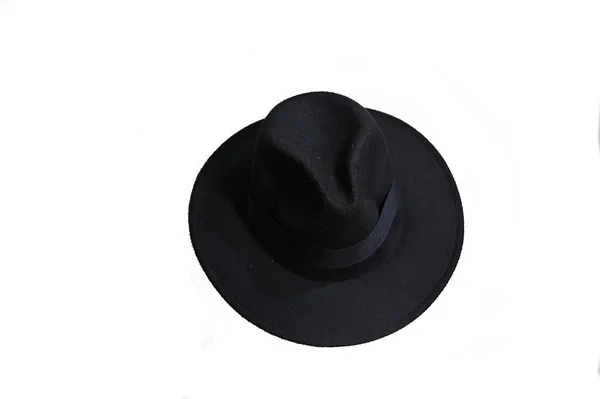 Φυσικό Μαύρο Καπέλο Τσόχινο Ευρύ Γεμιστό Καπέλο Απομονωμένο Λευκό Φόντο — Φωτογραφία Αρχείου
