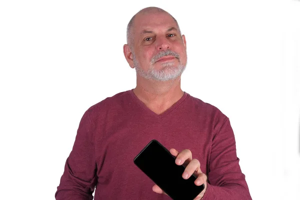 Kel Yetişkin Adam Cep Telefonu Teknolojisi Sürümünü Gösteriyor — Stok fotoğraf
