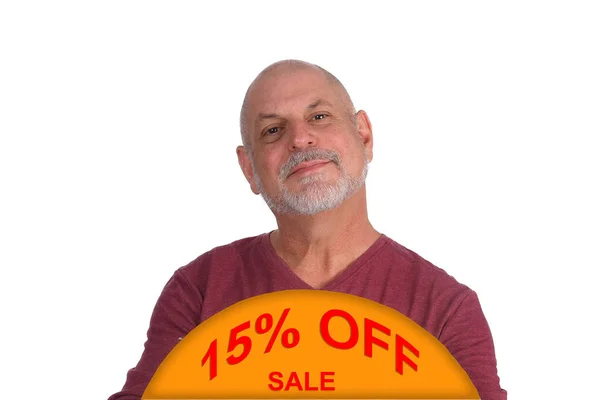Чоловік Тримає Рекламний Банер Продажу Розкриття Дошки Білому Тлі — стокове фото