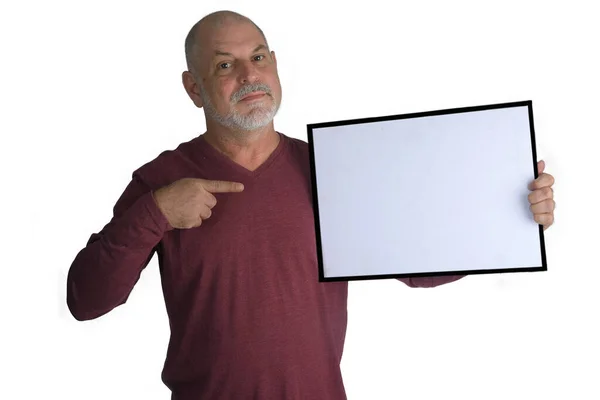 Homem Careca Adulto Com Barba Branca Segurando Sinal Branco Com — Fotografia de Stock