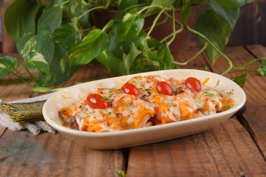 mozzarella peynirli kızarmış tavuk ve vişneli domates ve karamelli soğan ahşap masada lezzetli yemekler.