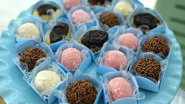 Deliciosos Dulces Bombones Chocolate Cumpleaños Los Niños Delicias Azúcar Pastel — Foto de Stock