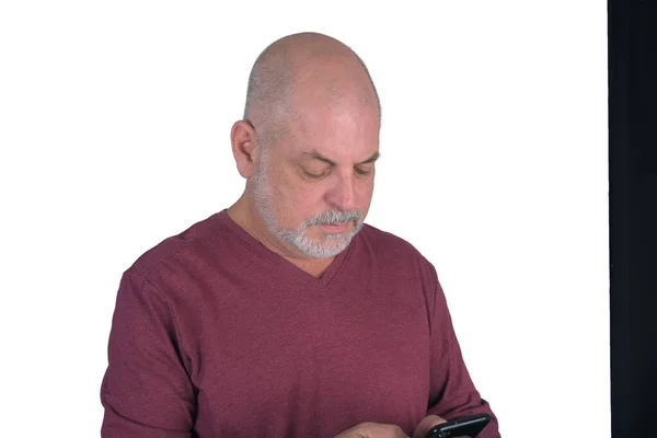 Άνθρωπος Κρατώντας Κινητό Τηλέφωνο Ιδανικό Για Διαφήμιση Της Έκπτωσης Φαλακρός — Φωτογραφία Αρχείου