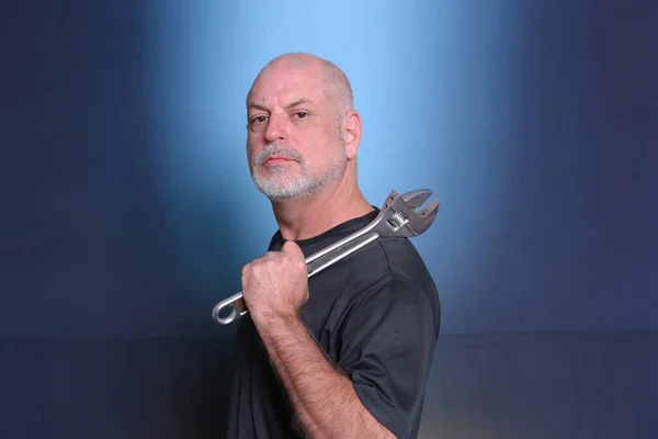 Adult Man Using Holding Wrench Service Equipment Mechanical Tool Senior — Stock Photo, Image