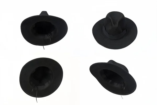 自然な黒いフェルトの帽子の白い背景のヘッド保護および様式モデルで隔離される広い煉瓦の帽子 — ストック写真