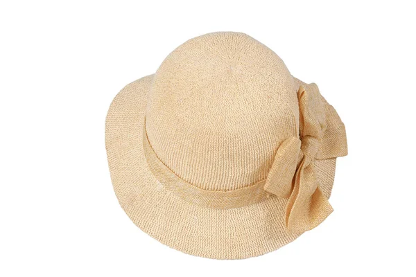 黄金のキャピム帽子 ブラジルの手工芸の自然なわら 白い背景のヘッド保護様式の夏に隔離された広いレンズの帽子 — ストック写真
