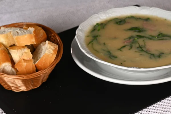 Potato Vegetable Soup Herb Seasoning Bread Healthy Tasty Food Image — Stock Photo, Image