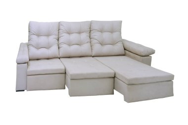 Kanepe, beyaz arka planda izole edilmiş uzun ve yumuşak bir sandalye. Modern stil Nakliyat Dikiş Düğmeleri Bacaklı Şık İç Mobilyalı Mobilya 