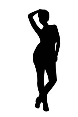 Güzel ve gizemli genç kadın vücut ifadesi silueti siyah-beyaz vektör görüntüsü şeffaf beyaz arka plan mocup üzerindeki moda güzelliği