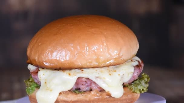 Roti Hamburger Dengan Keju Leleh Selada Tomat Mayones Dan Roti — Stok Video