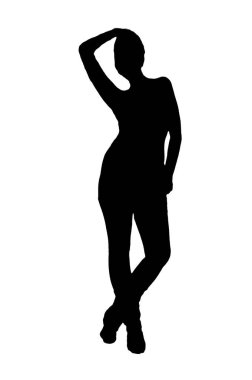 Genç kadın silueti ve vücut ifadesi siyah-beyaz vektör görüntü güzelliği beyaz arka planda şeffaf mocup.