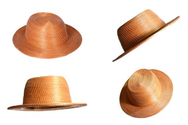 Altın kaplama şapka Brezilya el işi doğal saman geniş kenarlı şapka beyaz arka planda izole kafa koruma tarzı.