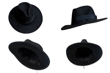 Doğal siyah keçeli şapka geniş kenarlı şapka beyaz arka planda izole kafa koruması ve tarz modeli.