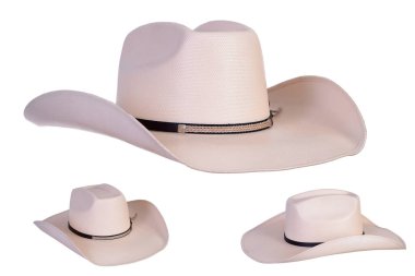 Rodeo binicisi vahşi batı amerikan ve country müzik konsepti temalı beyaz arka planda izole edilmiş kovboy şapkası klipsli görüntü