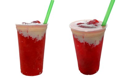 Panoramik, dondurmalı, buzlu, donmuş, dondurulmuş, granitli içecek. Paketlenmiş plastik bardaklara akıyor. Dondurma tatları pipetli.