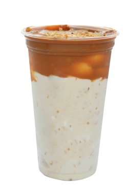 Panoramik, dondurmalı, buzlu, donmuş, dondurulmuş, granitli içecek. Paketlenmiş plastik bardaklara akıyor. Dondurma tatları pipetli..